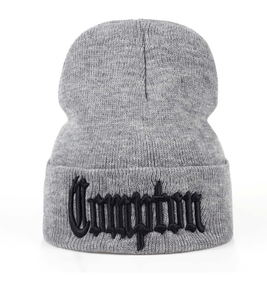 Gorro cinzento de malha com texto bordado Compton