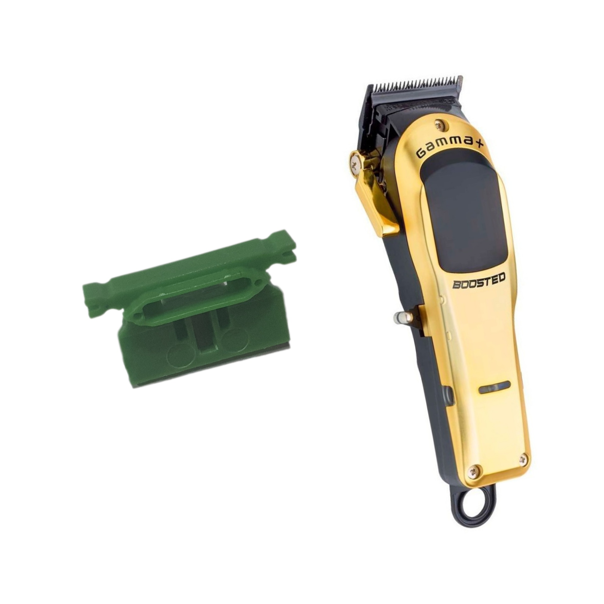 Aparelho de cortar cabelo dourado com acessório verde