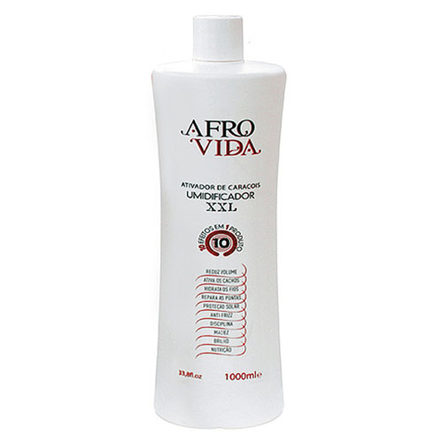 Frasco branco com rótulo Afro Vida Ativador de Caracóis Umidificador XXL