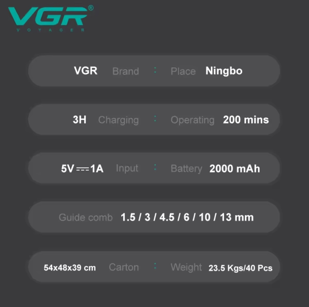 Texto técnico sobre especificações do produto da marca VGR
