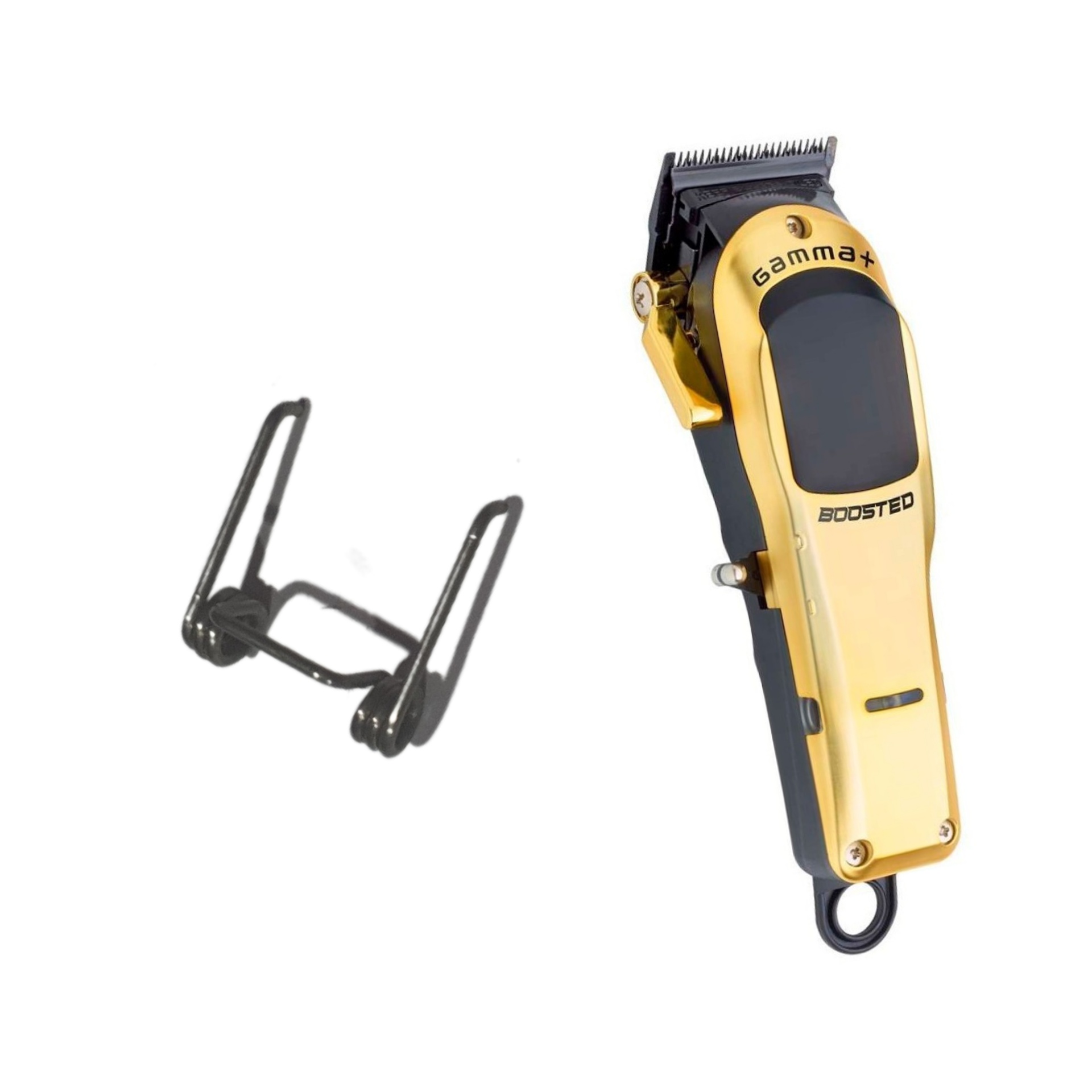 Aparelho de cortar cabelo dourado e preto Gamma+ BOOSTED com suporte preto