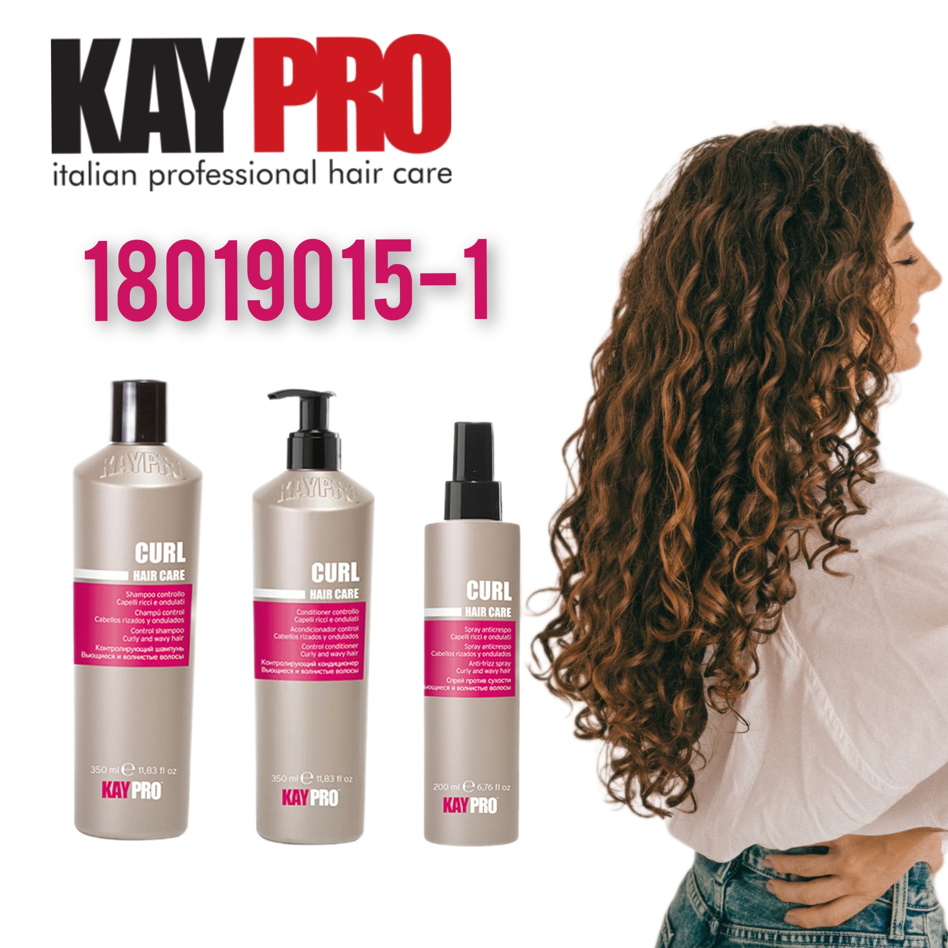 Três produtos de cabelo KAYPRO com rótulos rosa ao lado de mulher com cabelo encaracolado castanho.