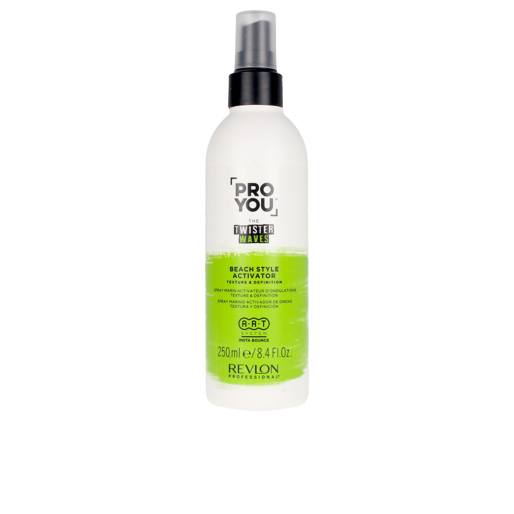 Frasco branco com spray preto e rótulo verde de ativador de estilo para cabelo