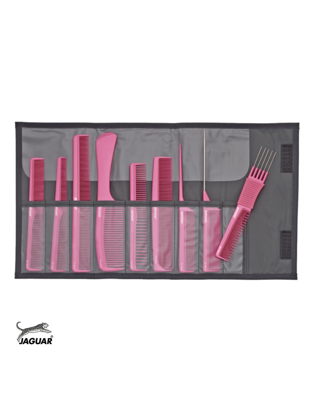 Conjunto de pentes cor-de-rosa em bolsa cinzenta