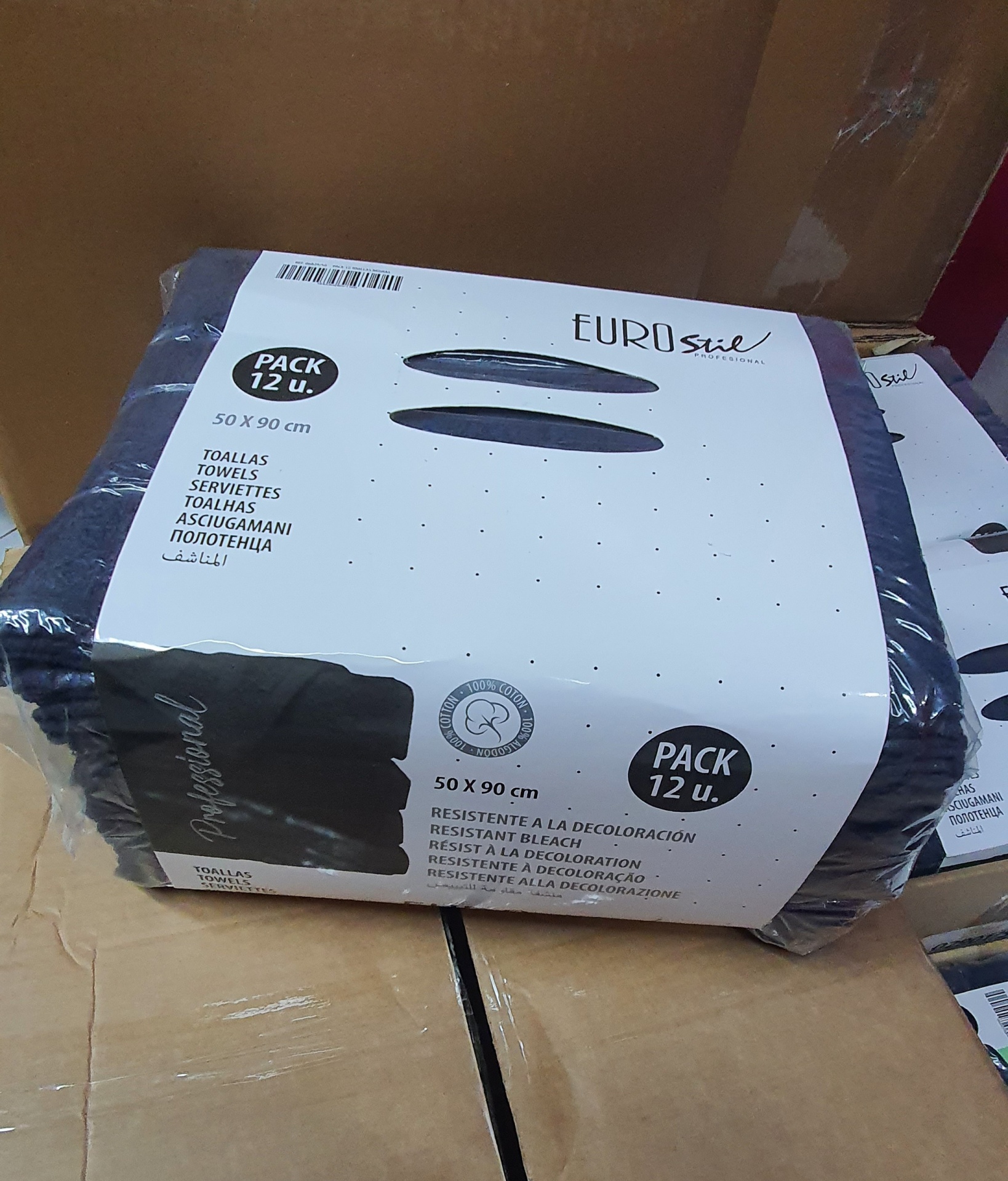 Pacote de toalhas Eurostile embalagem branca com texto preto, 12 unidades, cor escura