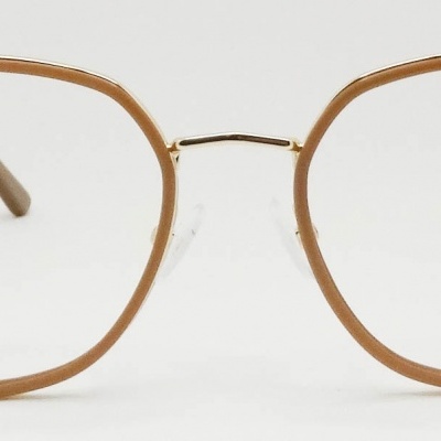 Óculos redondos com armação castanha e hastes douradas