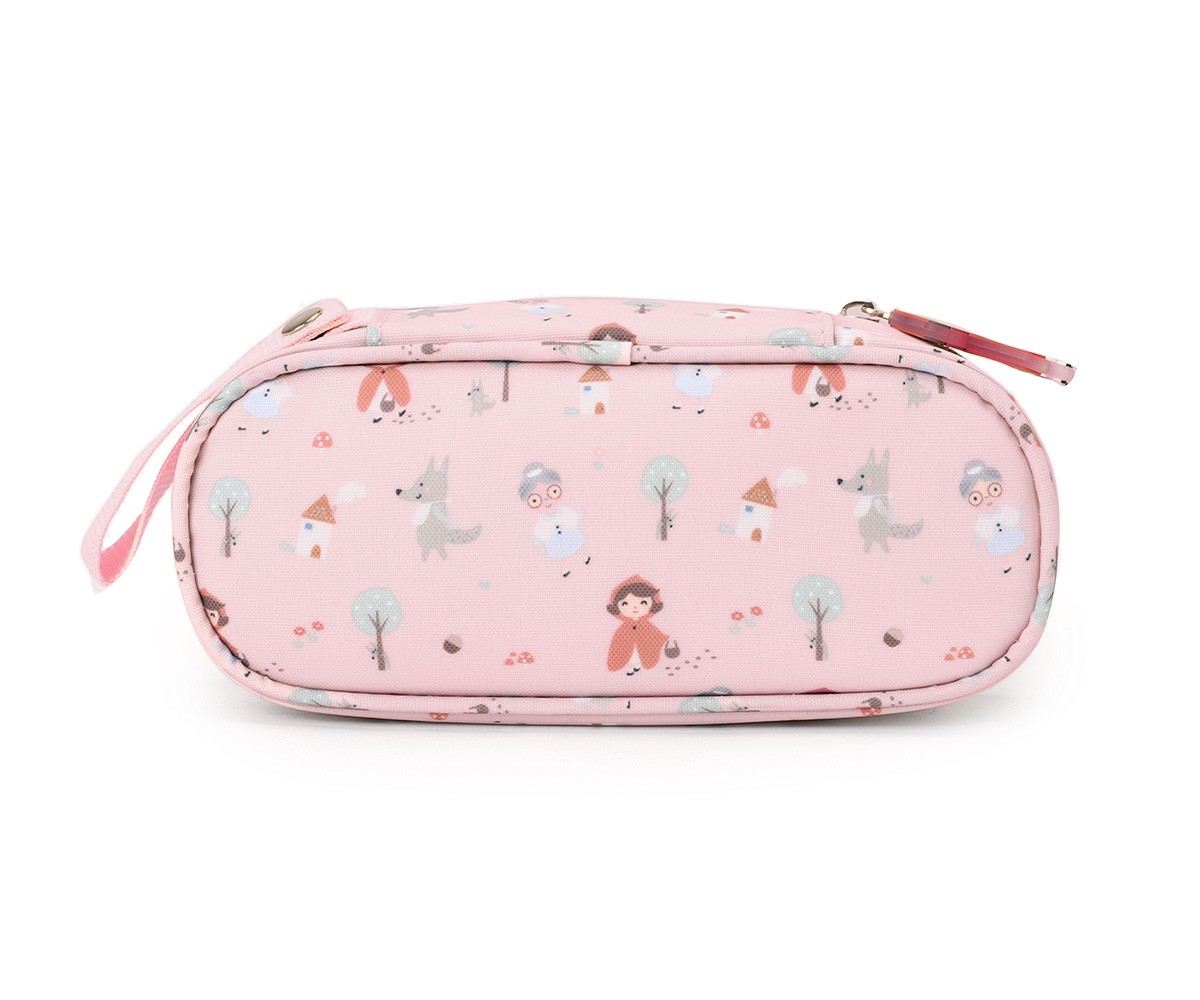 Estojo cor-de-rosa com padrão de personagens e árvores