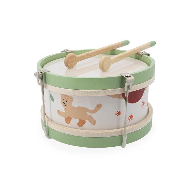 Tambor infantil verde e branco com desenho de cão e duas baquetas de madeira