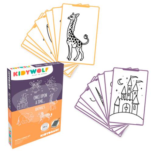 Cartas infantis Kidywolf com desenhos a preto e branco e caixa laranja e roxa