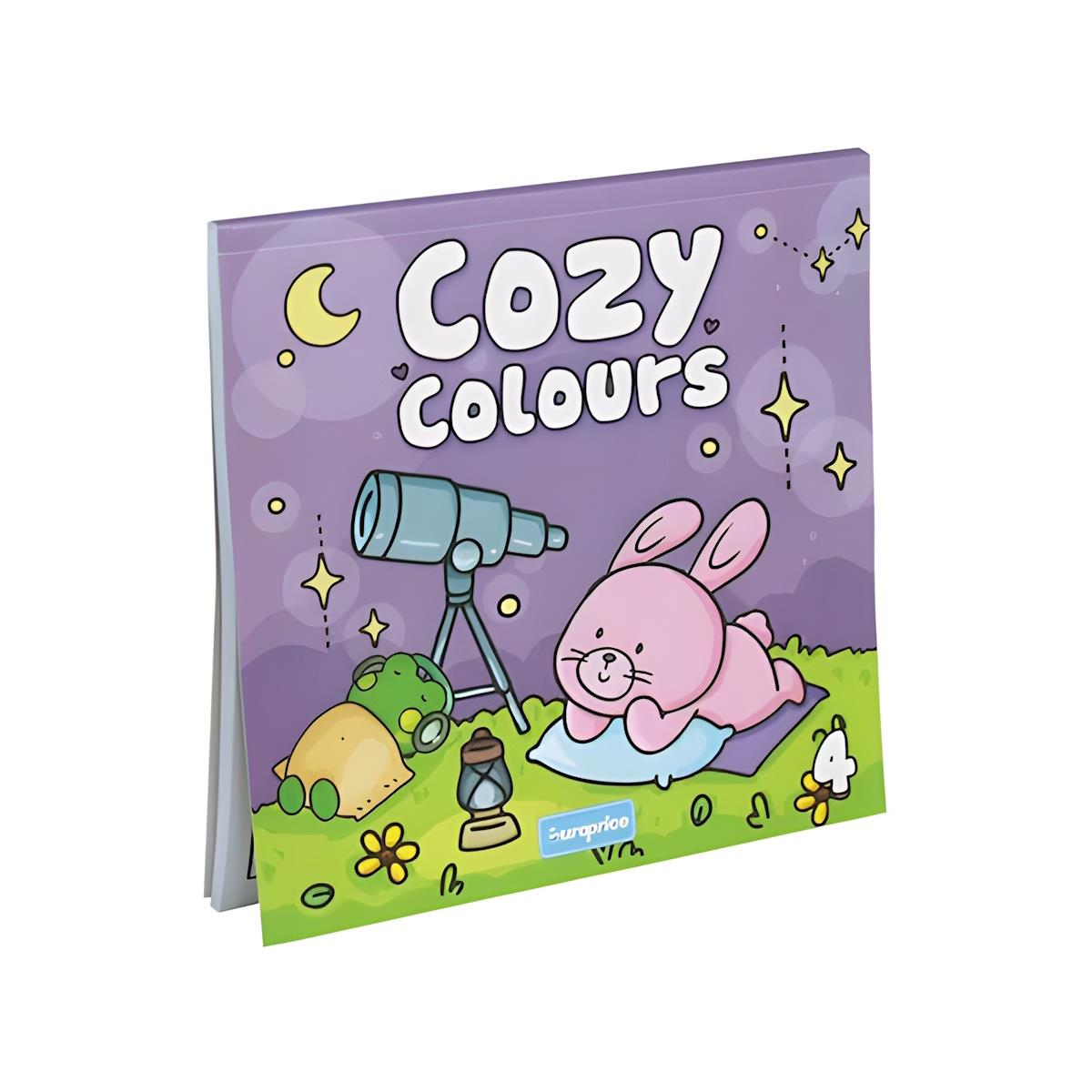 Capa de livro infantil com ilustração de coelho rosa e rã no campo sob o céu noturno lilás