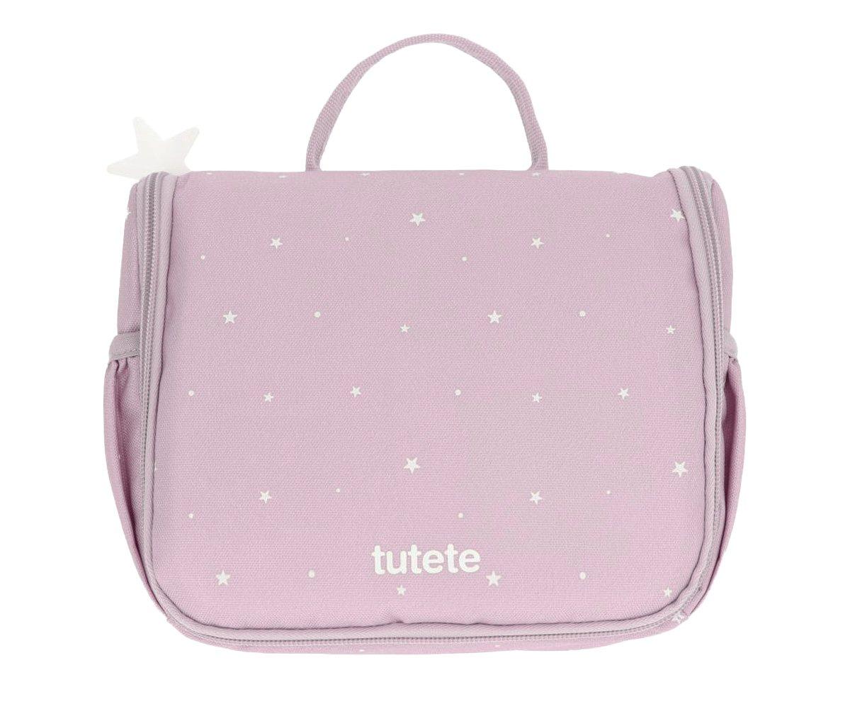Bolsa para bebé rosa com estrelas brancas e o texto 'tutete'