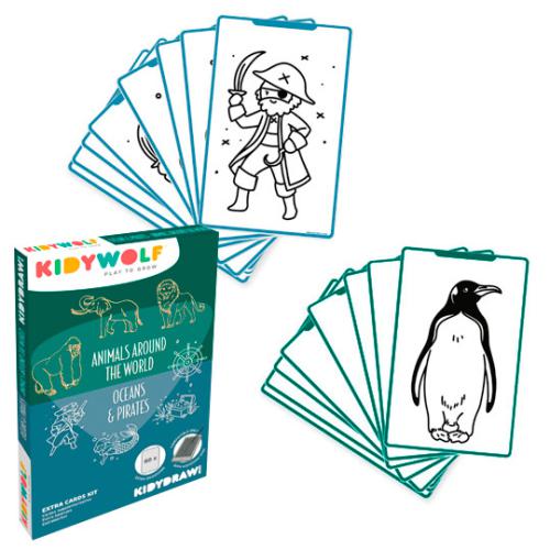 Conjunto de cartas infantis KIDYWOLF com desenhos de animais e piratas em preto e branco