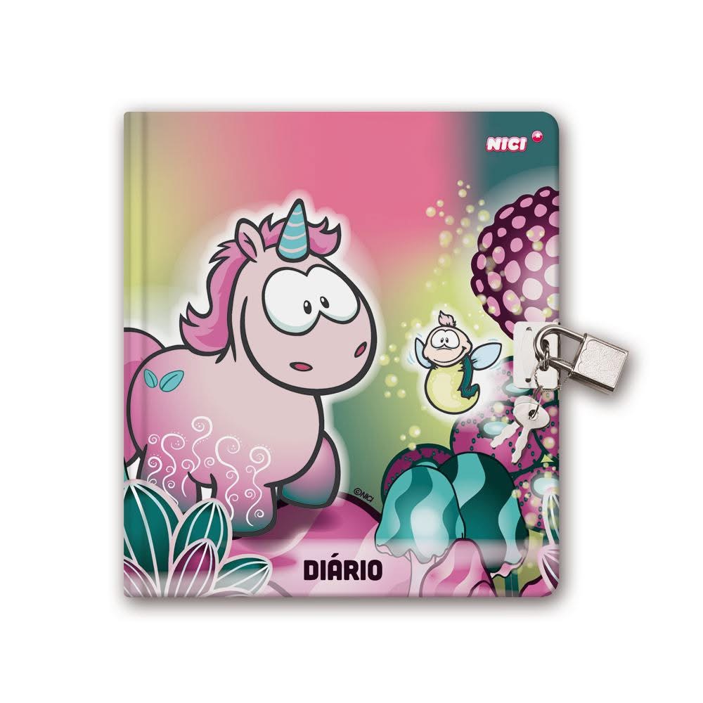 diário infantil com capa de unicórnio rosa e cadeado metálico