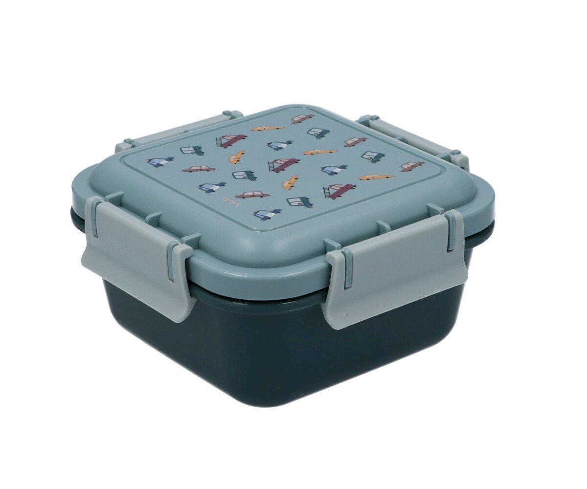 Caixa de plástico para alimentos com tampa azul-claro e base preta com desenhos coloridos