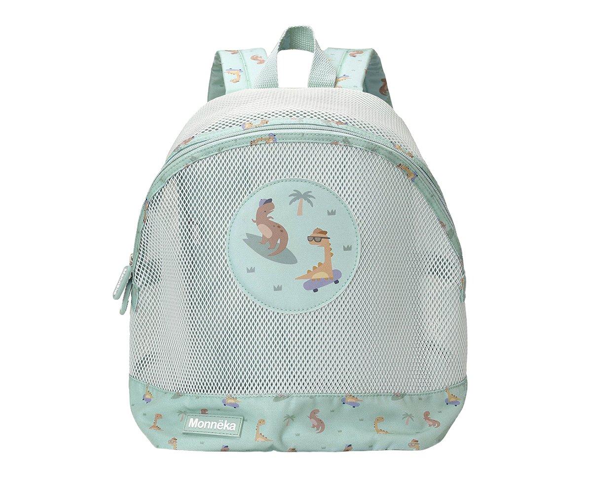 Mochila infantil verde claro com padrão de dinossauros e bolso frontal em rede branca.