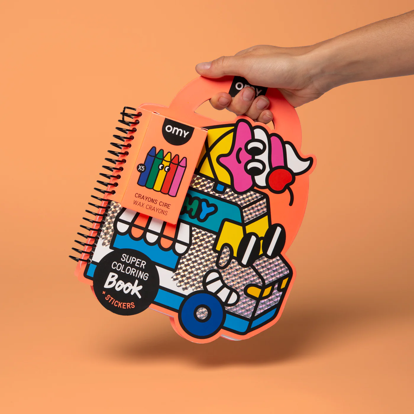 Livro para colorir com design de carrinha e conjunto de lápis de cera coloridos