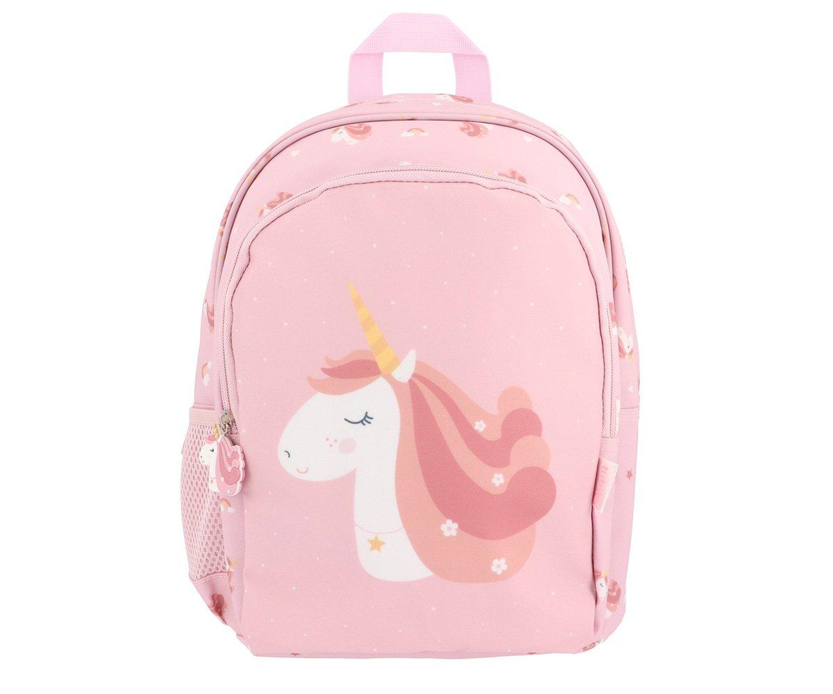Mochila cor-de-rosa com desenho de unicórnio e padrão de estrelinhas