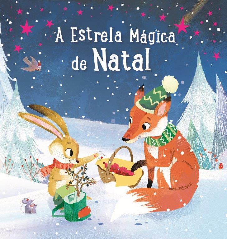 Capa de livro infantil com coelho e raposa na neve e texto em destaque