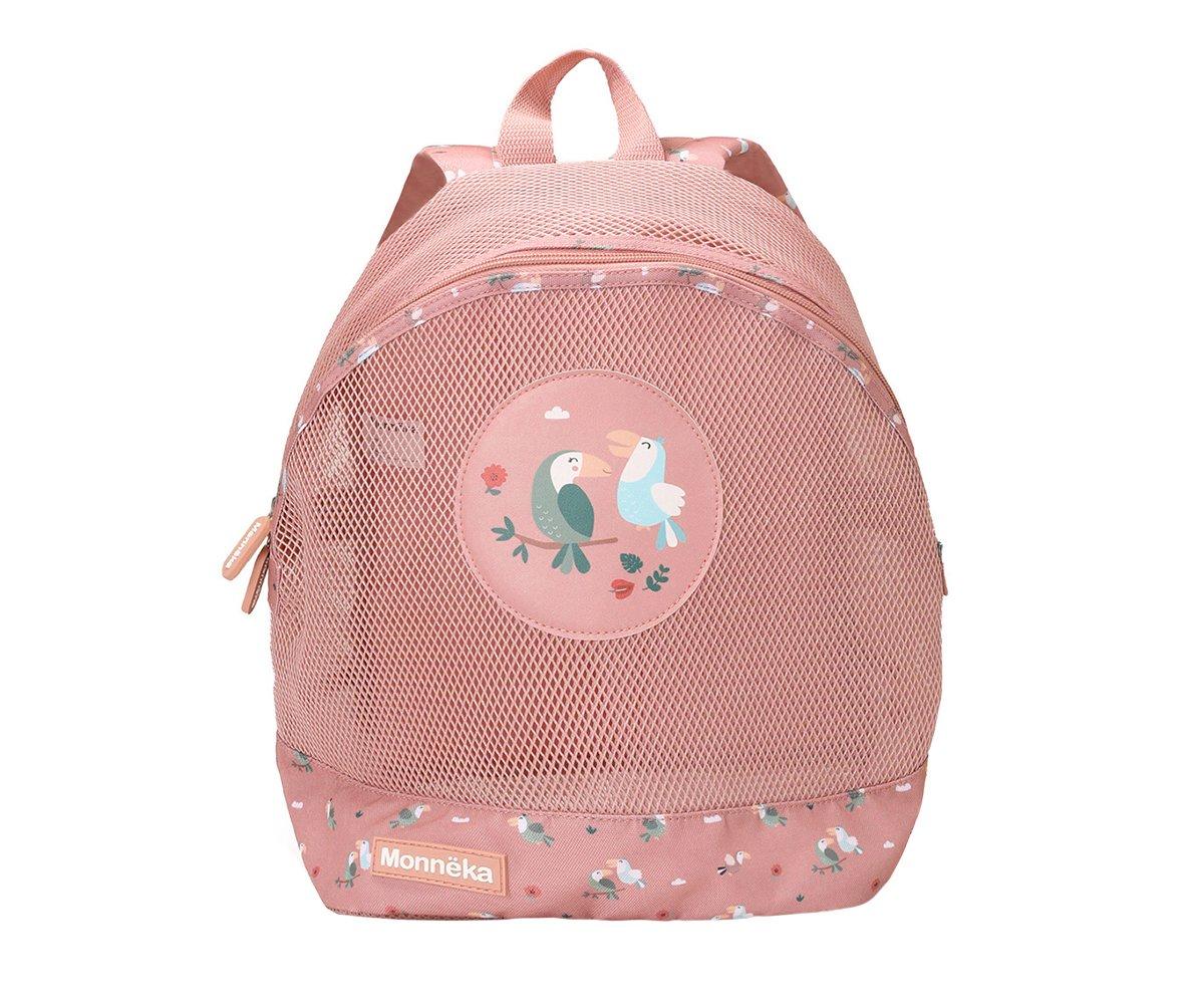 Mochila infantil rosada com desenho de pássaros e estampa floral