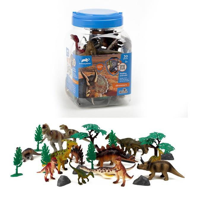Conjunto de figuras de dinossauros em frasco transparente com tampa azul