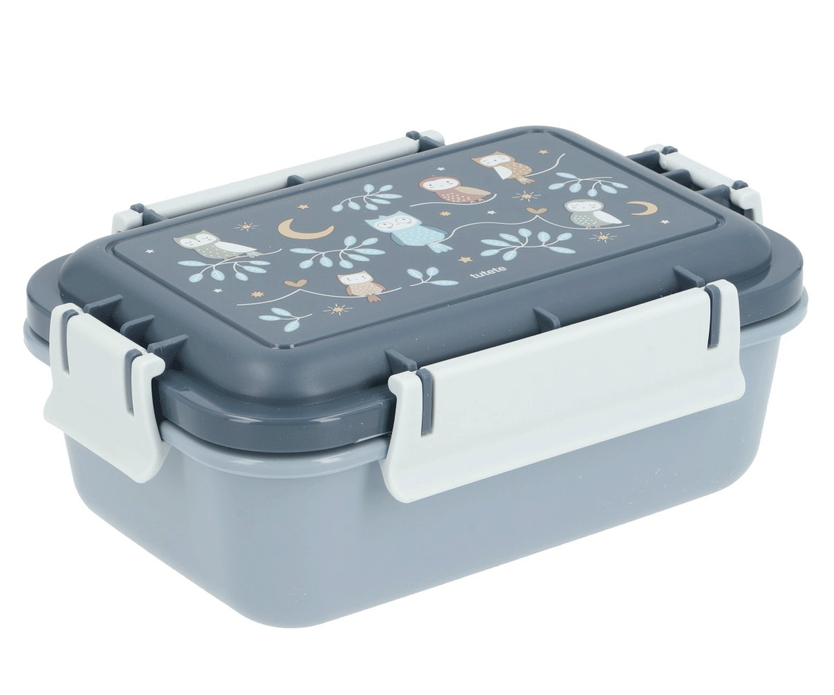 Recipiente para almoço cinzento com tampa decorada com corujas e fechos brancos