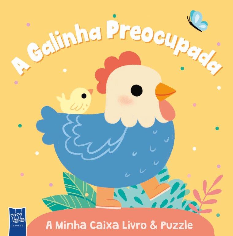 Capa colorida de livro e puzzle com desenho de galinha azul e pintainho amarelo