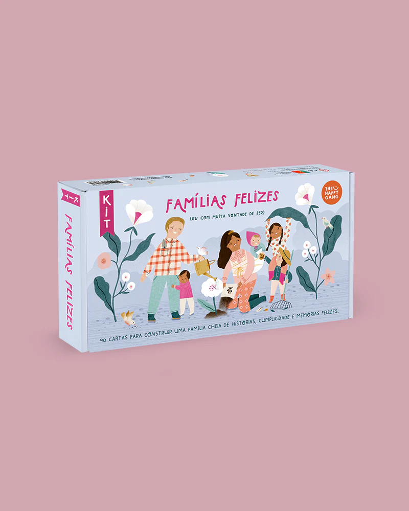 Caixa de kit FAMÍLIAS FELIZES com ilustração familiar e plantas em tons pastel.