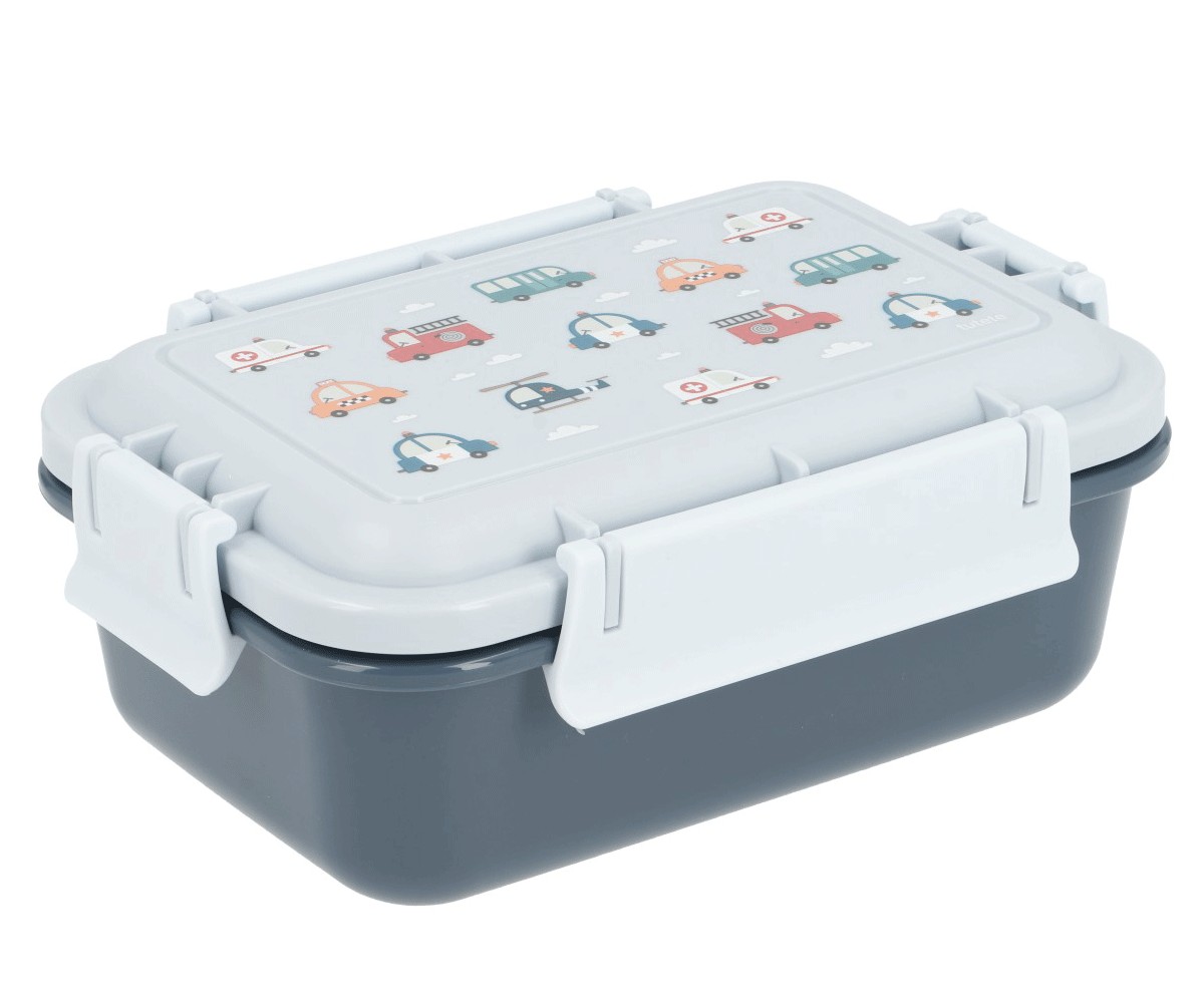 Marmita de plástico cinzenta com fechos brancos e tampa decorada com desenhos de carrinhos e pinguins
