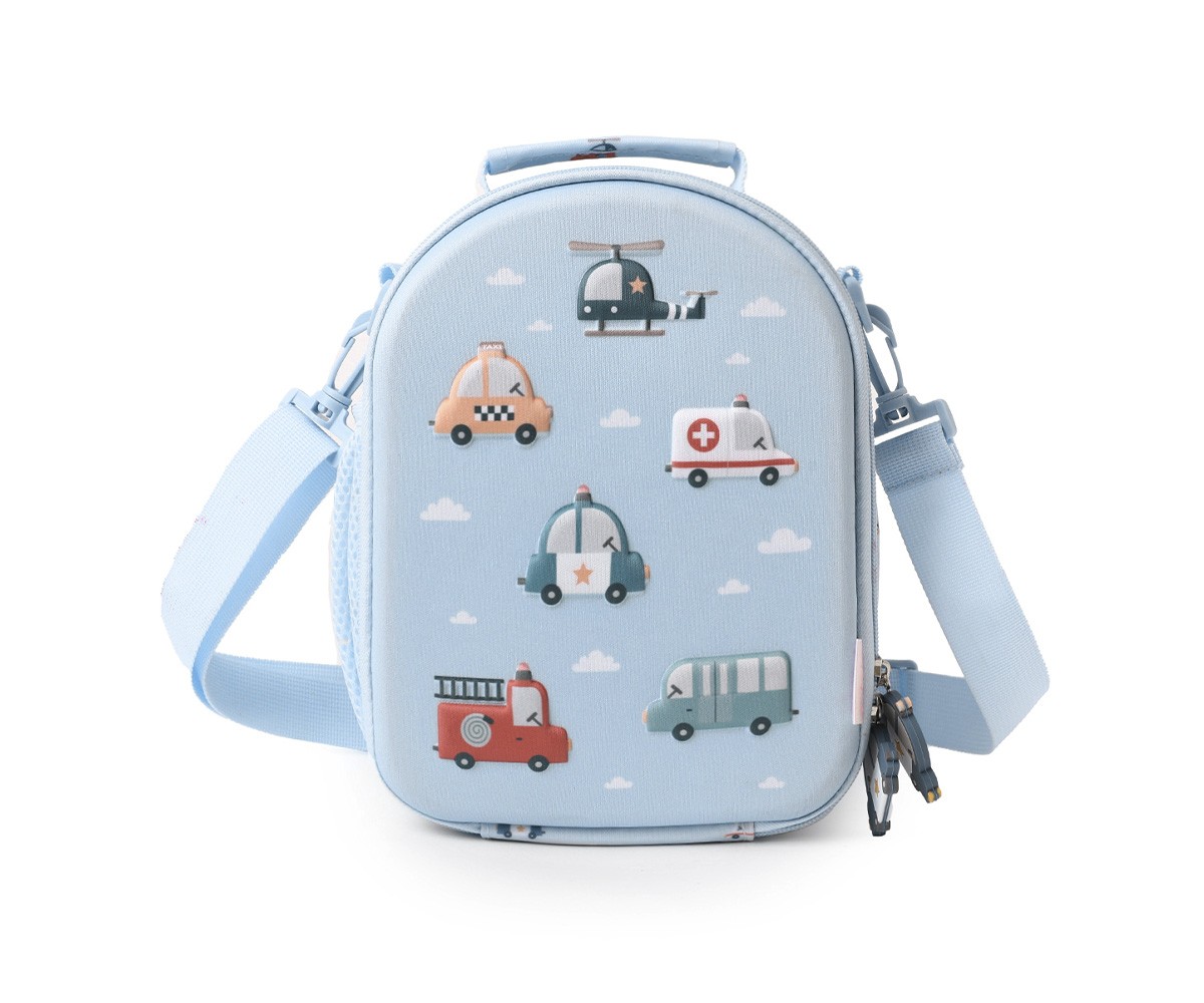 Mochila infantil azul com desenhos de veículos de emergência