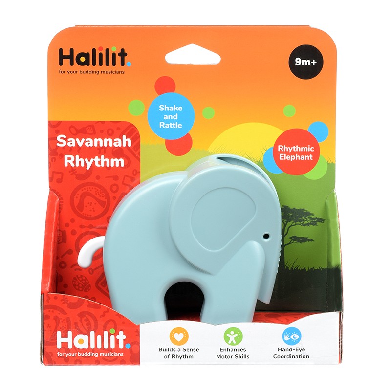 Brinquedo elefante azul claro na embalagem colorida para crianças 9m+