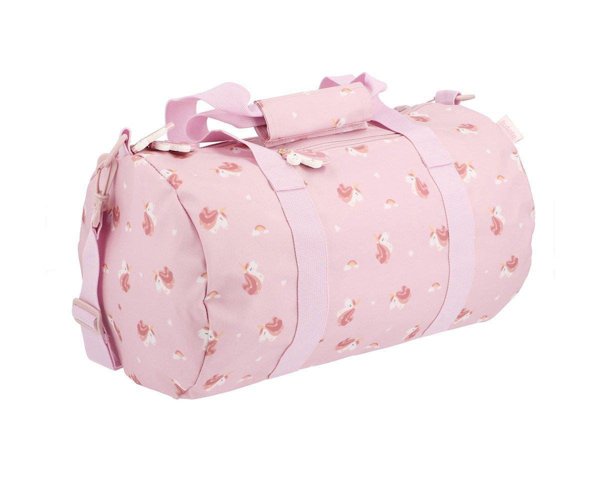 Saco desportivo rosa com padrão de flores e alças