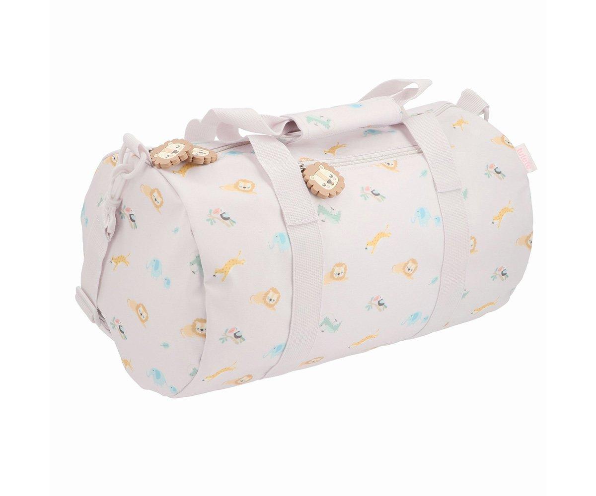 Mala de desporto cilíndrica com padrão de desenhos coloridos e alças cinzentas