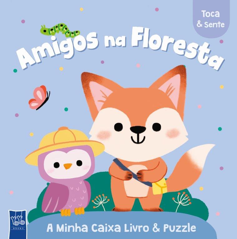 Capa de livro e puzzle 'Amigos na Floresta' com ilustração de esquilo e coruja.