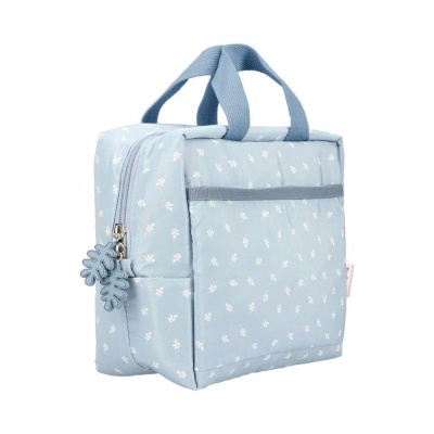 Mala térmica azul claro com padrão floral e pegas azuis