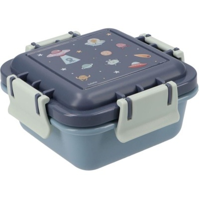 Marmita quadrada azul com tampa decorada com planetas e estrelas e fechos cinza