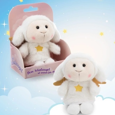 Pelúcia ovelha branca com estrela amarela e asas castanhas em caixa rosa