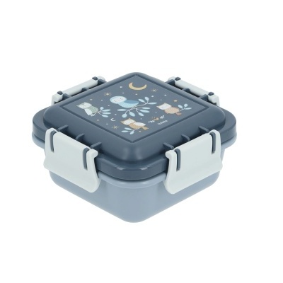 Caixa pequena azul com tampa decorada e fechos brancos