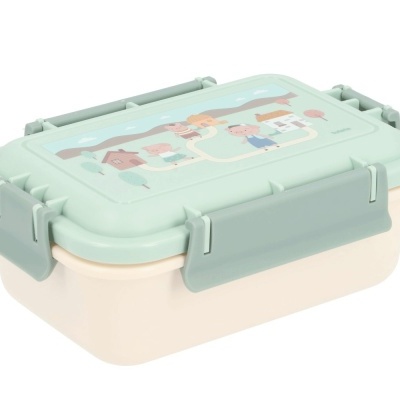 Caixa de plástico para almoço com tampa verde clara e ilustração de crianças e animais