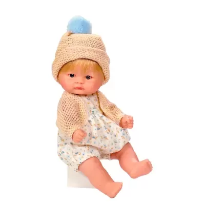 Boneca bebé com vestido floral, casaco bege e gorro com pompom azul