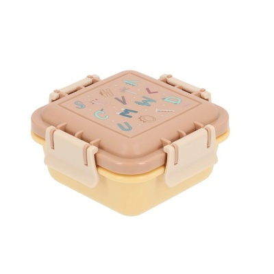 Marmita quadrada de plástico bege e amarelo com tampa decorada
