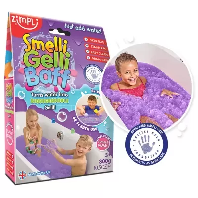 Embalagem colorida do Smelli Gelli Baff com imagens de crianças a brincar com gel roxo na banheira