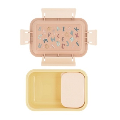 lancheira em plástico com tampa rosa e divisória amarela