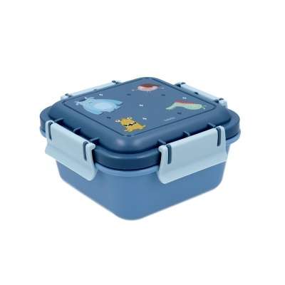 Marmita quadrada azul com tampa azul-escuro decorada com dinossauros
