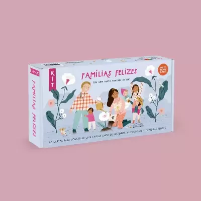 Caixa de kit FAMÍLIAS FELIZES com ilustração familiar e plantas em tons pastel.