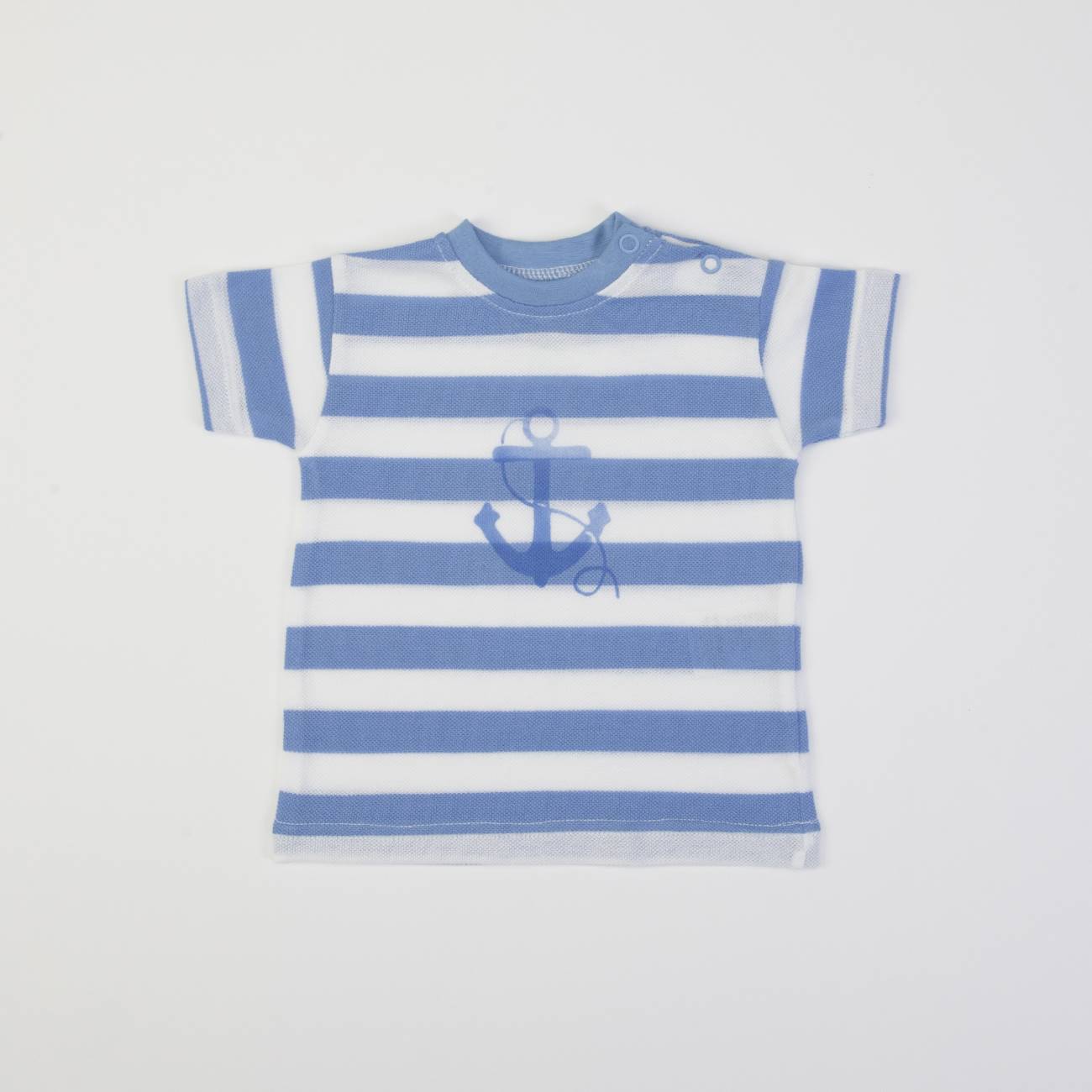 Camiseta de bebé azul e branca às riscas com âncora azul e botões no ombro