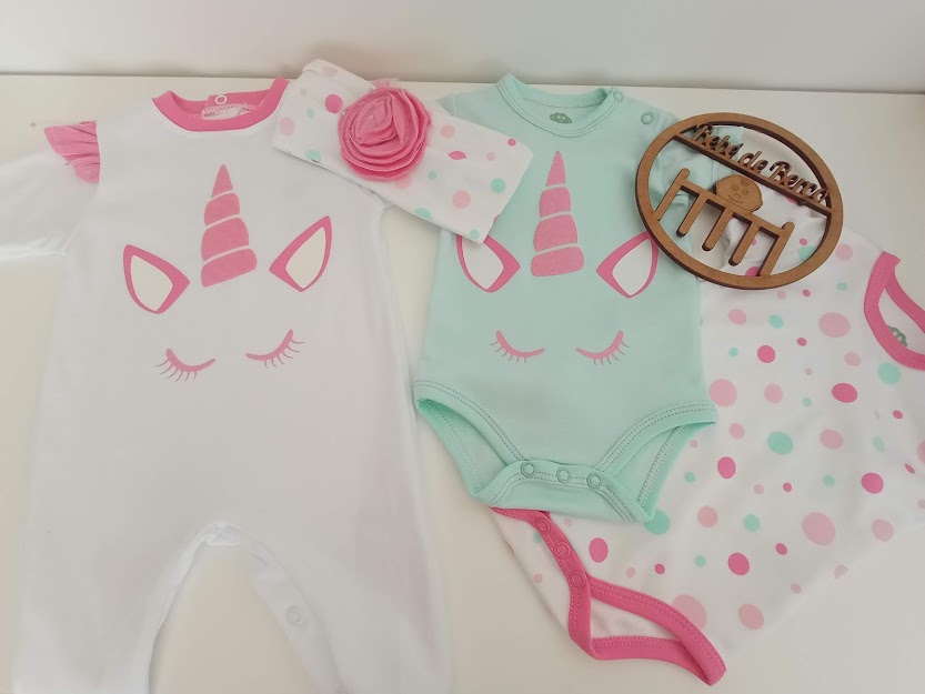 Pack Unicórnio Babygrow com bodies e Fita de Cabelo