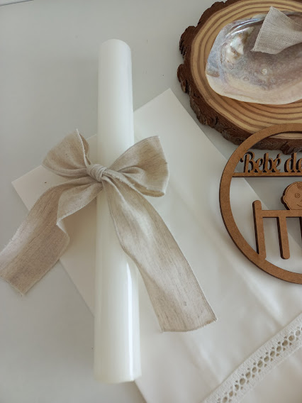 Conjunto Batismo Concha Madrepérola, Toalha e Vela - Laço linho