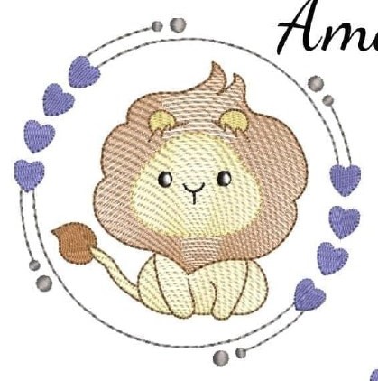 Desenho bordado de um leão dentro de um círculo com corações roxos.