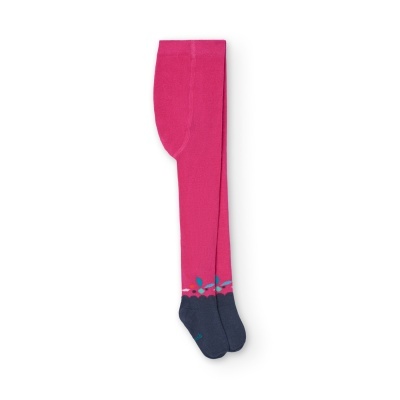 Collant rosa fúcsia com pés cinzentos e padrão azul e rosa