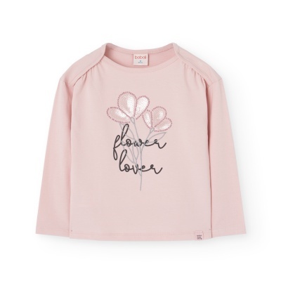 Camisola infantil rosa claro com estampa de flores e texto flower lover.